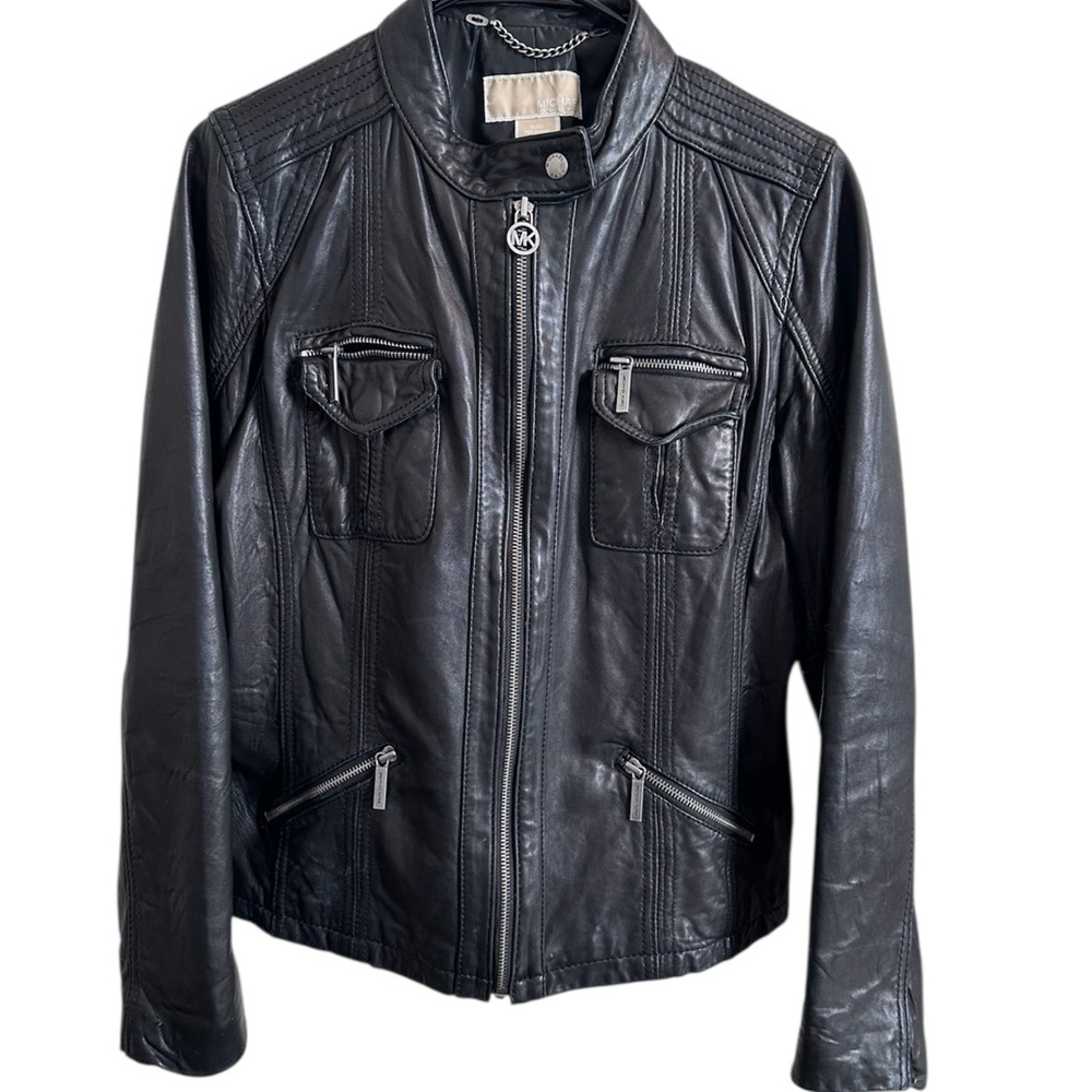 MICHAEL Michael Kors Black Lambskin Leather Jacket with Silver Details Size XL